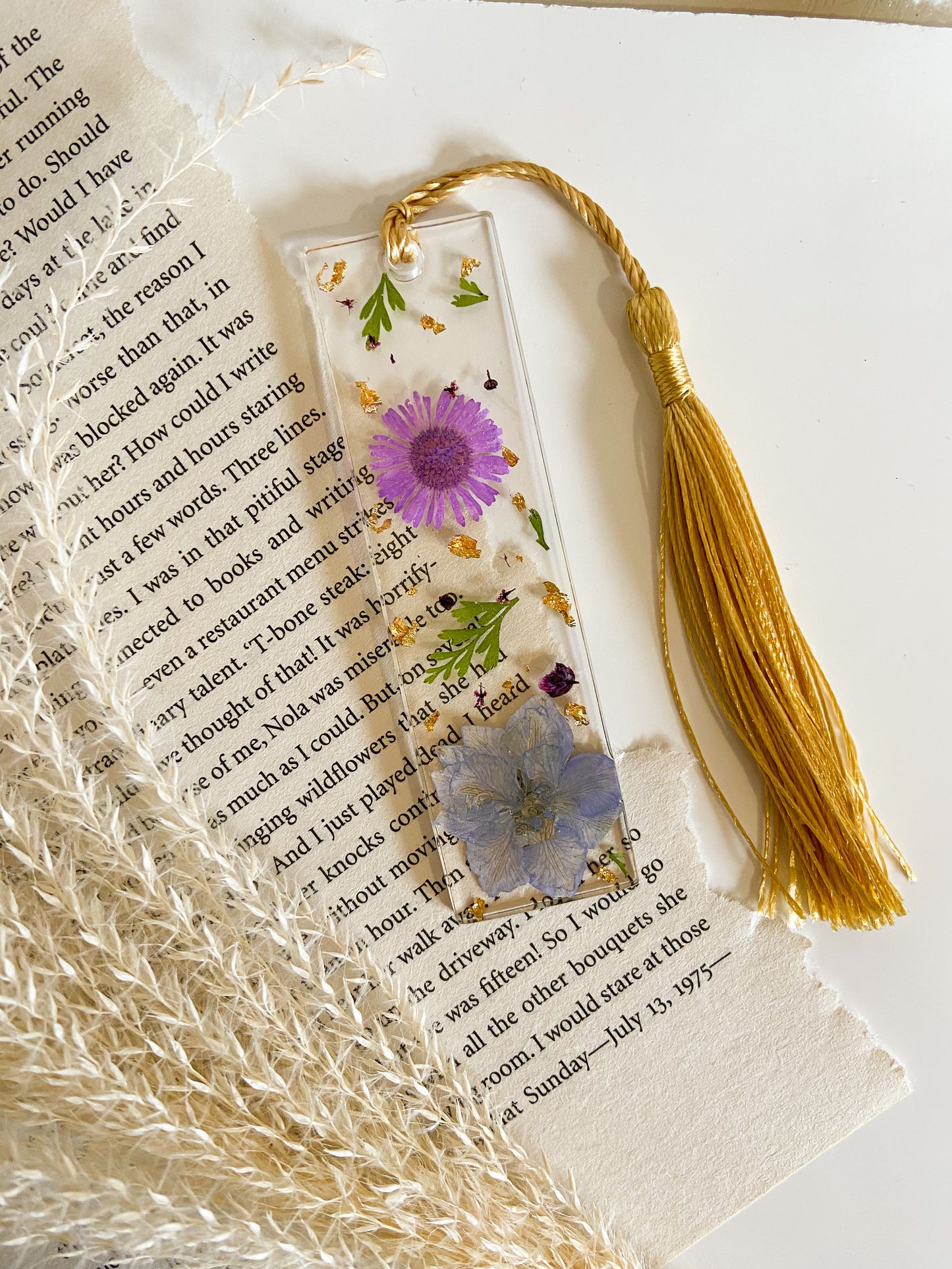 Real Pressed Flower Bookmark with Gold Leaf and Gold Tassel