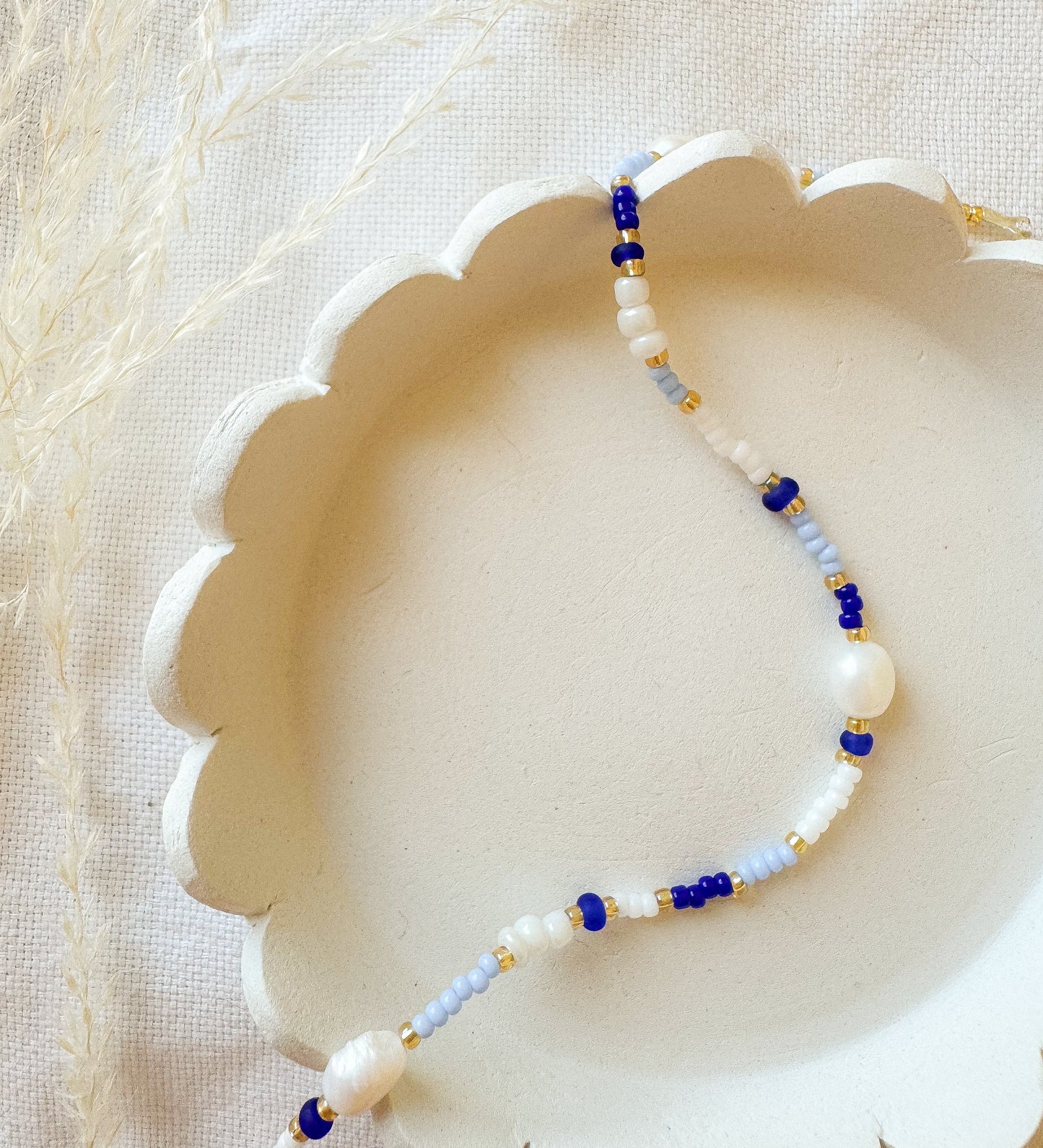 Dainty Freshwater Pearls & Blue Miyuki Bead Anklet