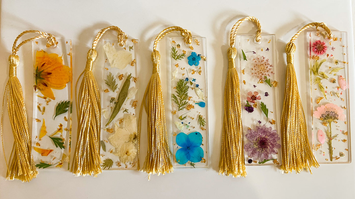 Real Pressed Flower Bookmark with Gold Leaf and Gold Tassel