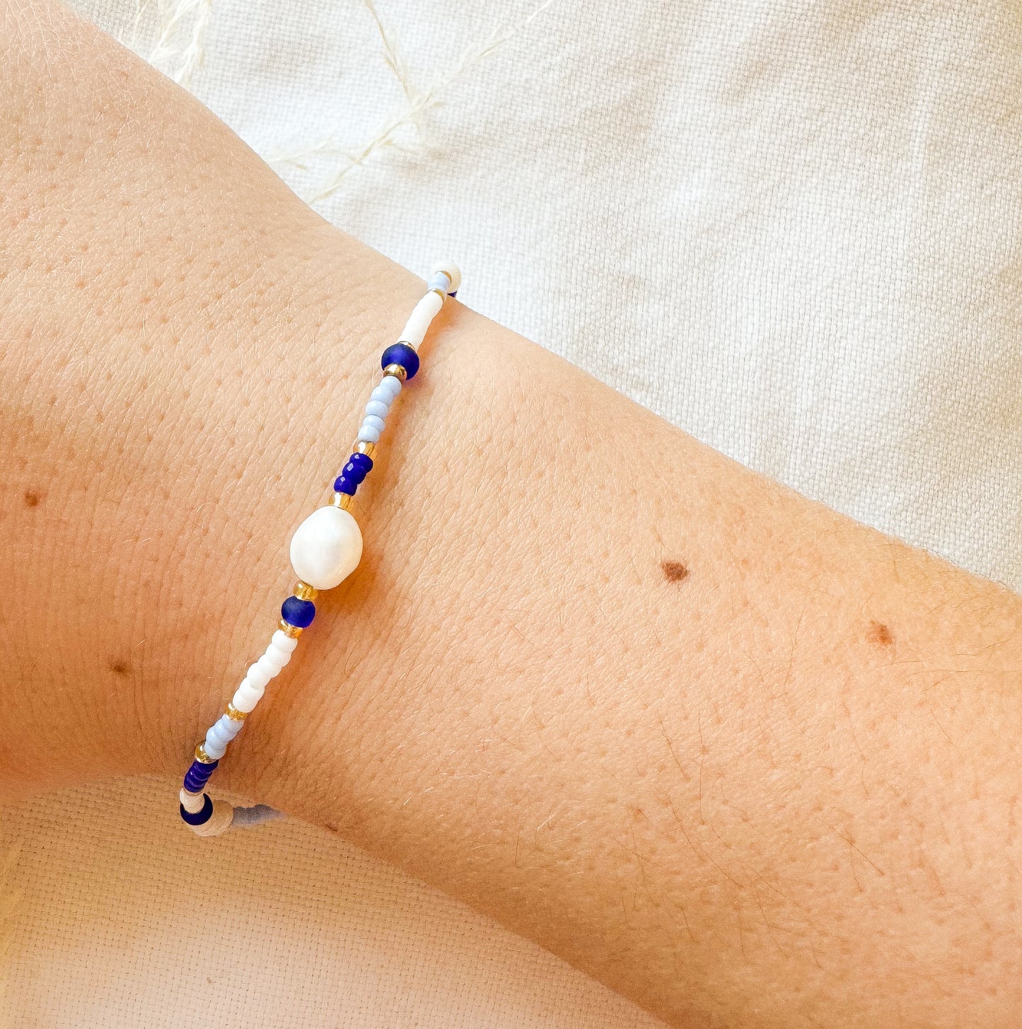 Dainty Freshwater Pearls & Blue Miyuki Bead Bracelet