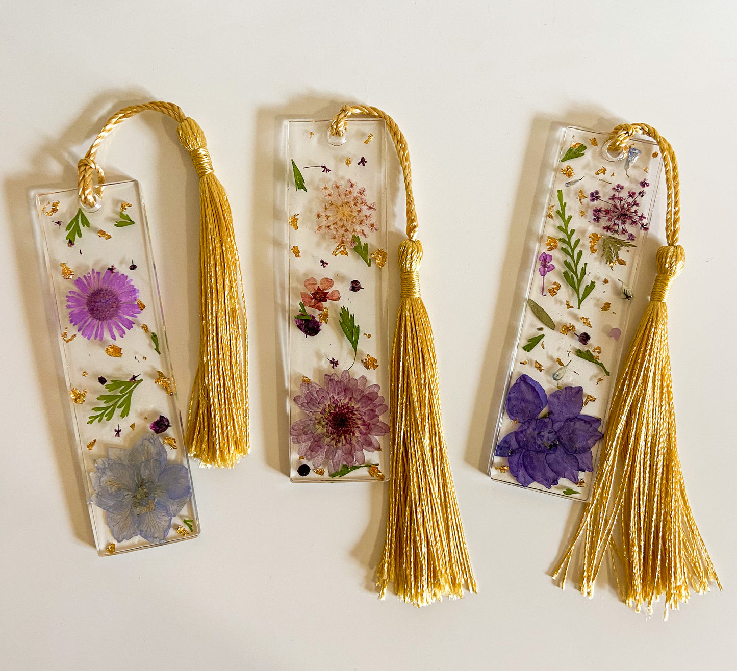 Real Pressed Flower Bookmark with Gold Leaf and Gold Tassel