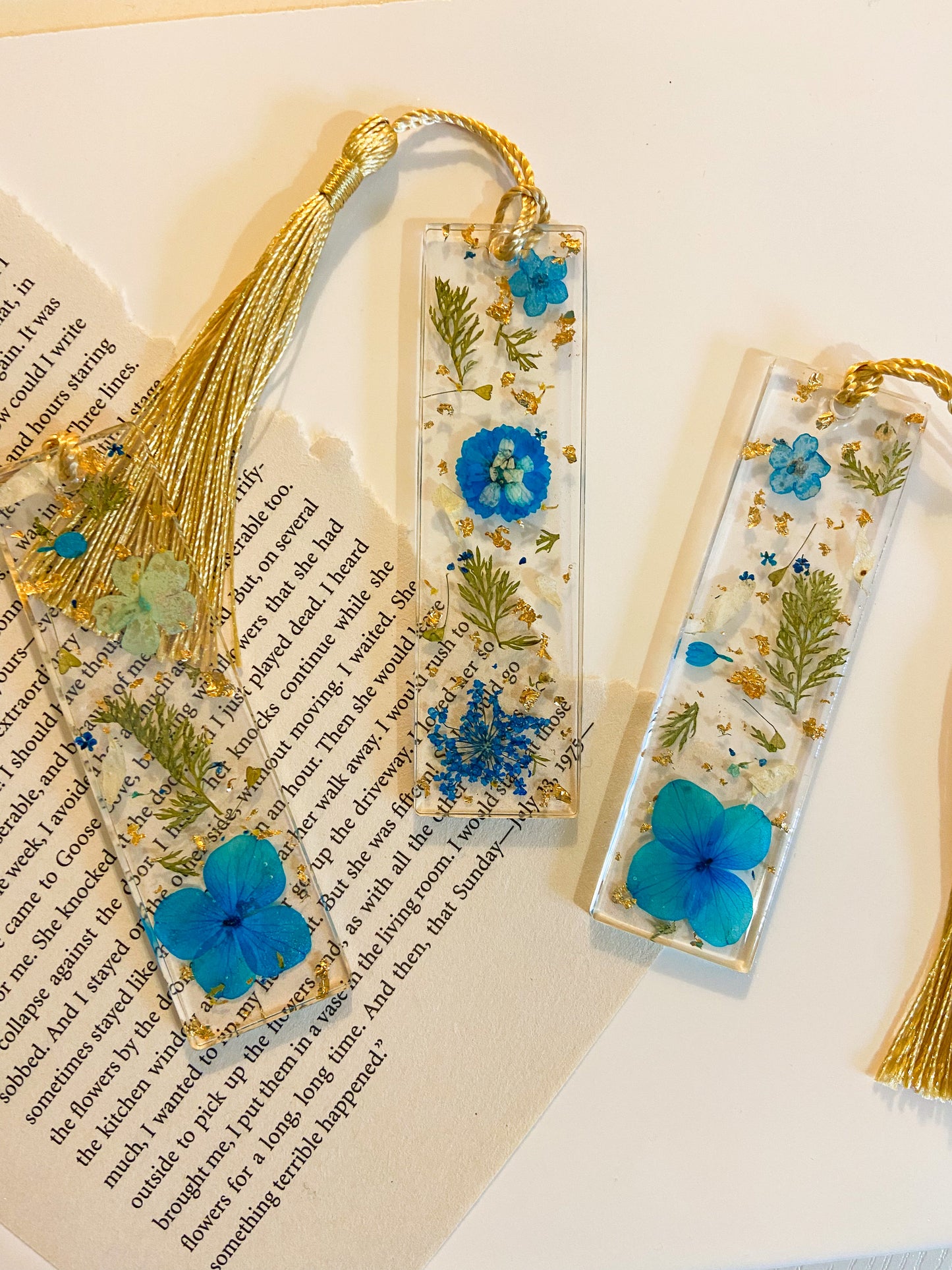 Real Pressed Flower Bookmark with Gold Leaf and Gold Tassel