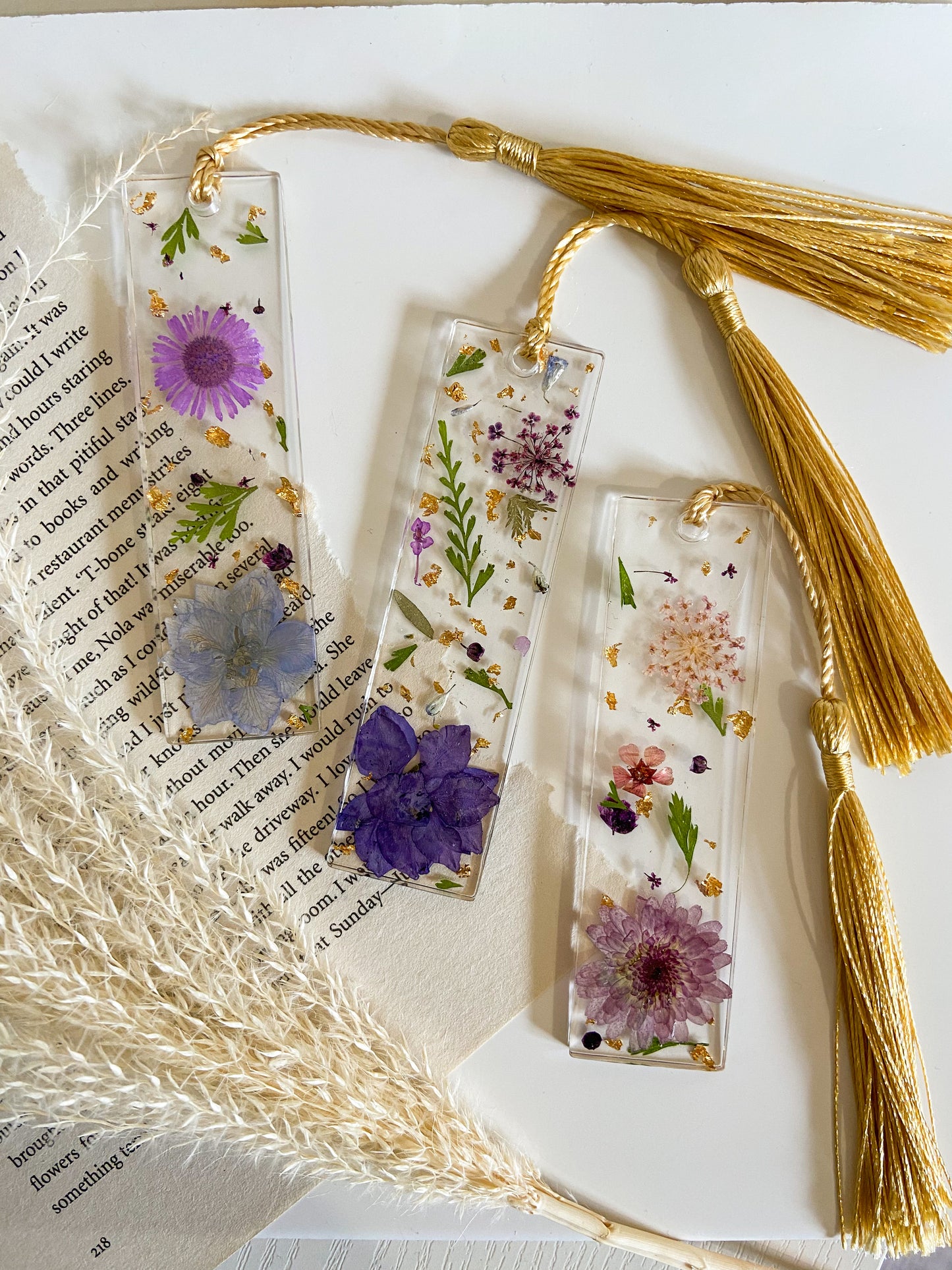 Real Pressed Flower Bookmark with Gold Leaf and Gold Tassel