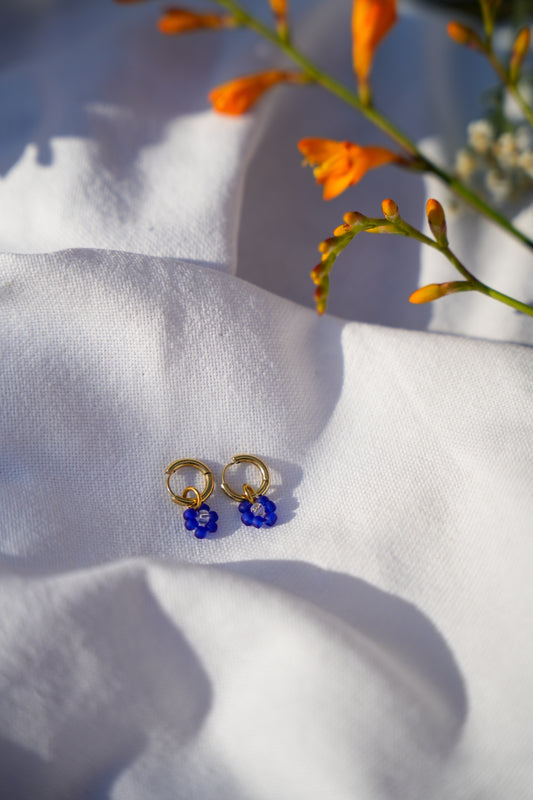 Beaded Flower Gold Huggie Earrings